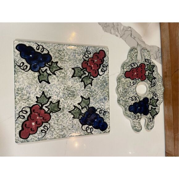 Sip & Serve Wine Set Bottle Caddy Wine Butler Cheese Cracker Plate Stoneware - Picture 3 of 7